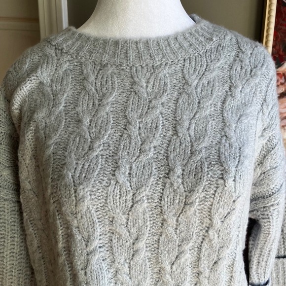 Gray Cable Knit Sweater Boxy Oversized Pullover 3/4 Sleeve Top - Picture 5 of 8